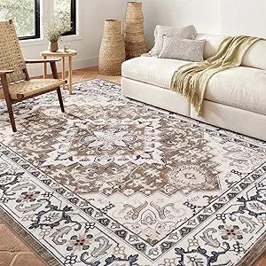 Area Rugs for Living Room, Washable Area Rug, Rugs for Bedroom, Kitchen, Vintage Boho Carpet, Soft Non-Slip, Low Pile Large Area Rug for Office Dining Room, Floral Brown
